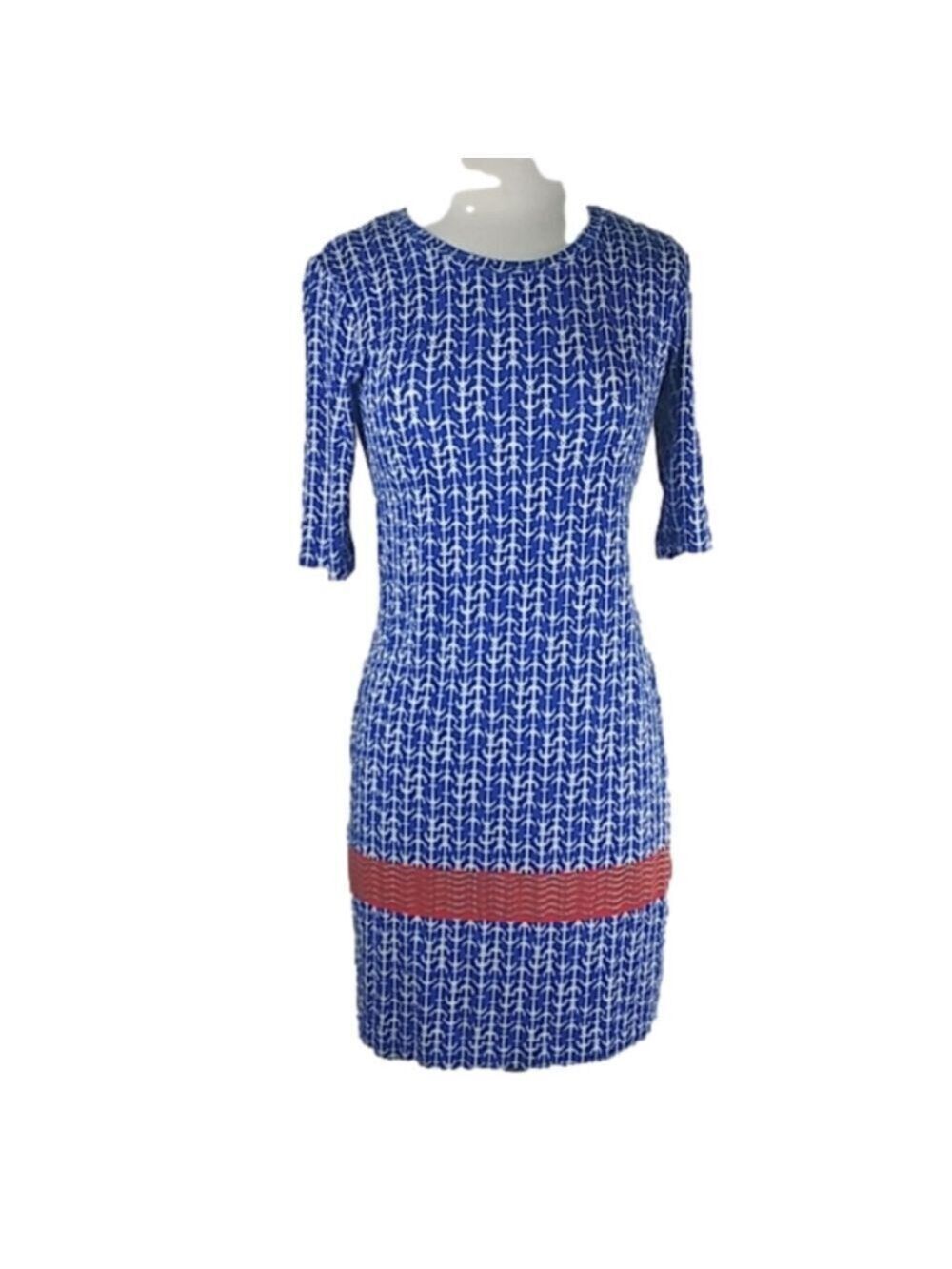 𝅺Antibes Blanc Blue Nautical Print Scoop Neck Elbow Sleeve Pullover Mini Dress